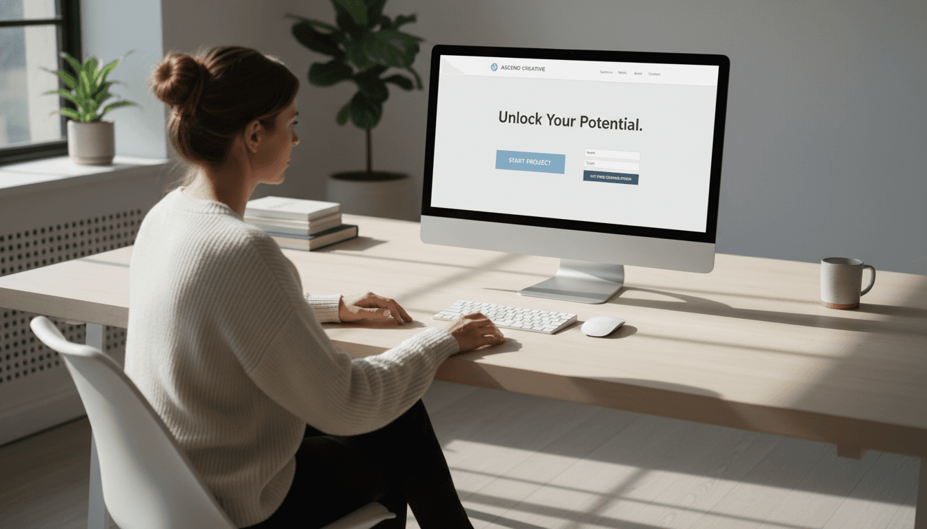 Small business owner reviewing their professional website on desktop monitor