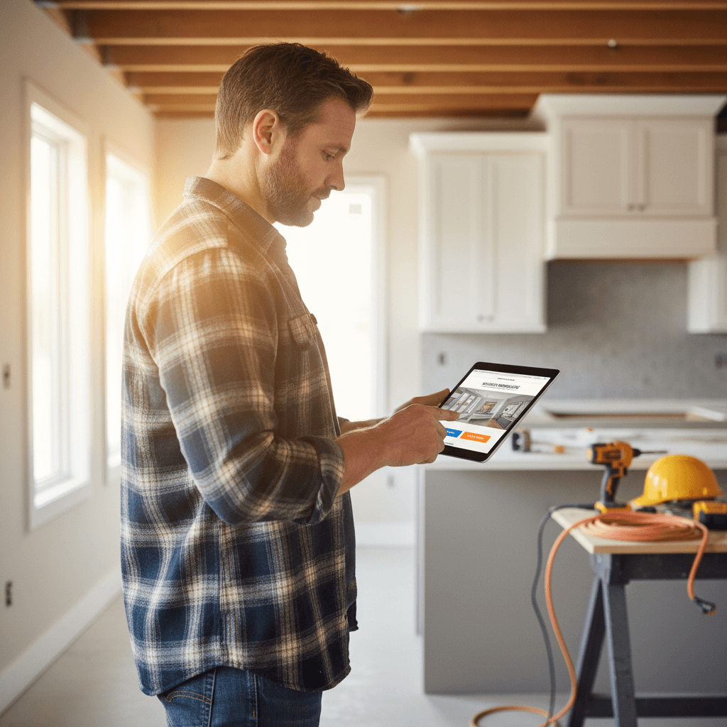 Contractor reviewing their website design on a tablet
