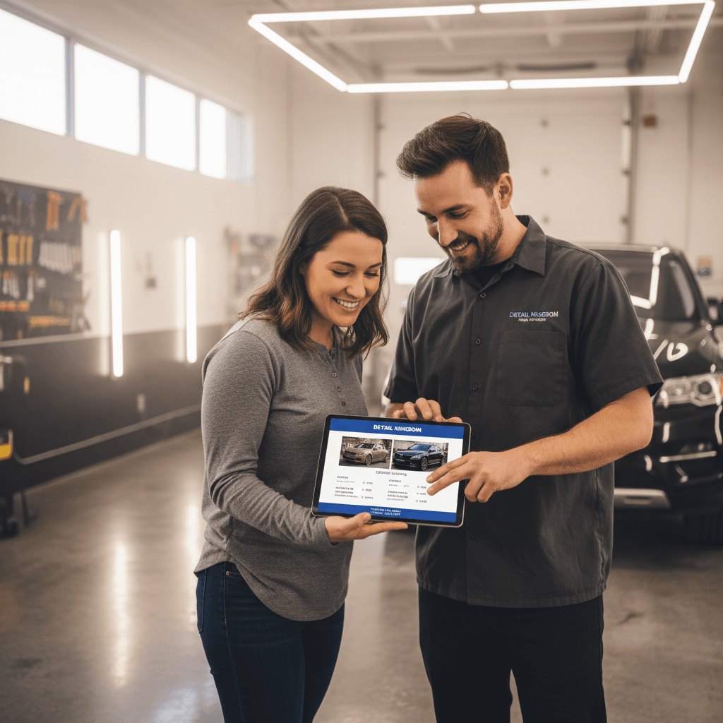 Auto detailer showing website to customer on tablet