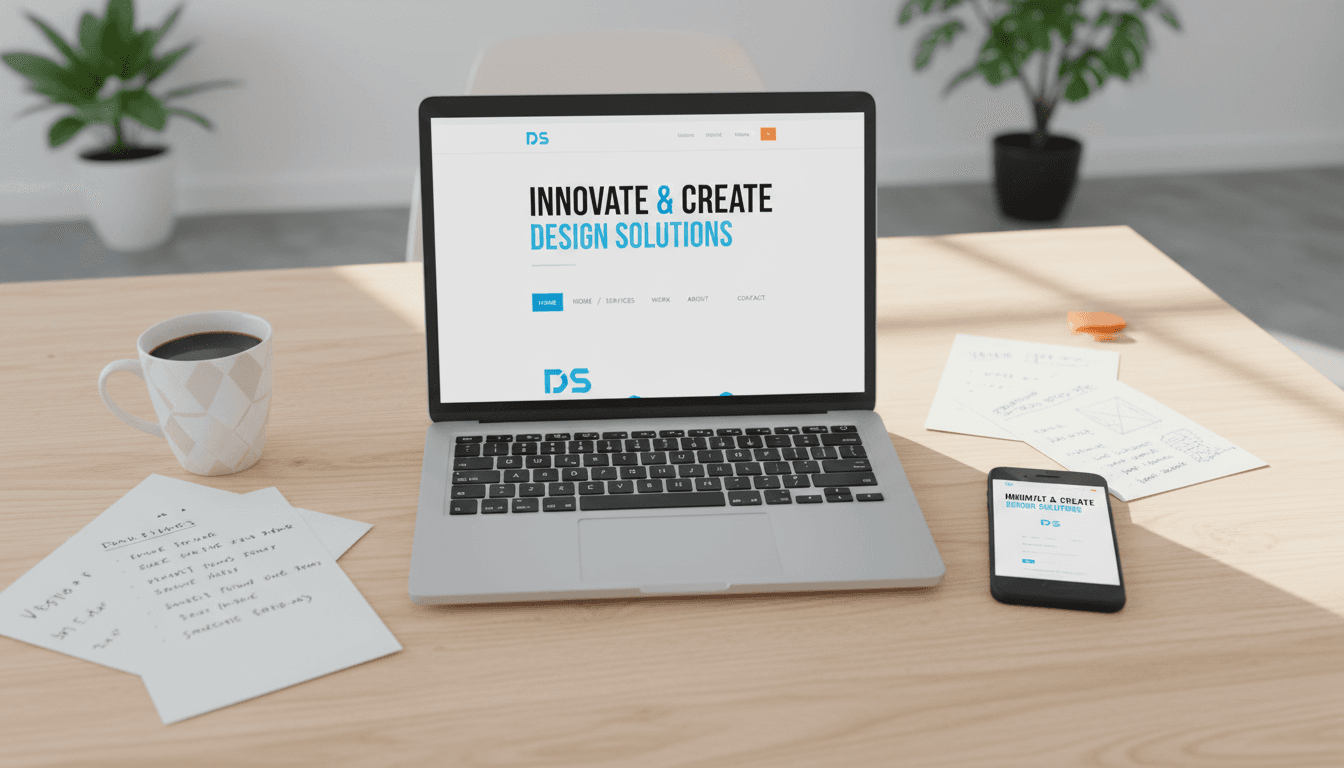 Web designer's workspace with laptop showing clean website design