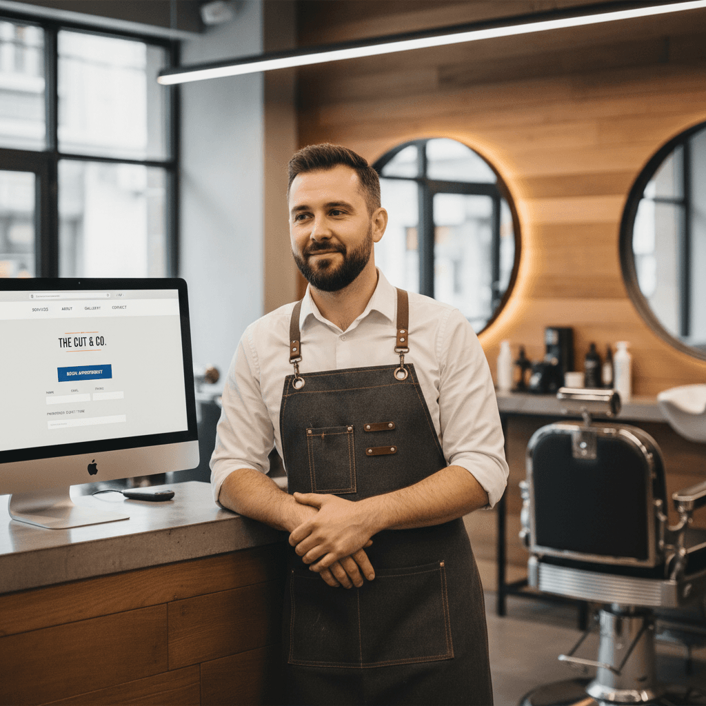 Barbershop website with booking form displayed at front desk
