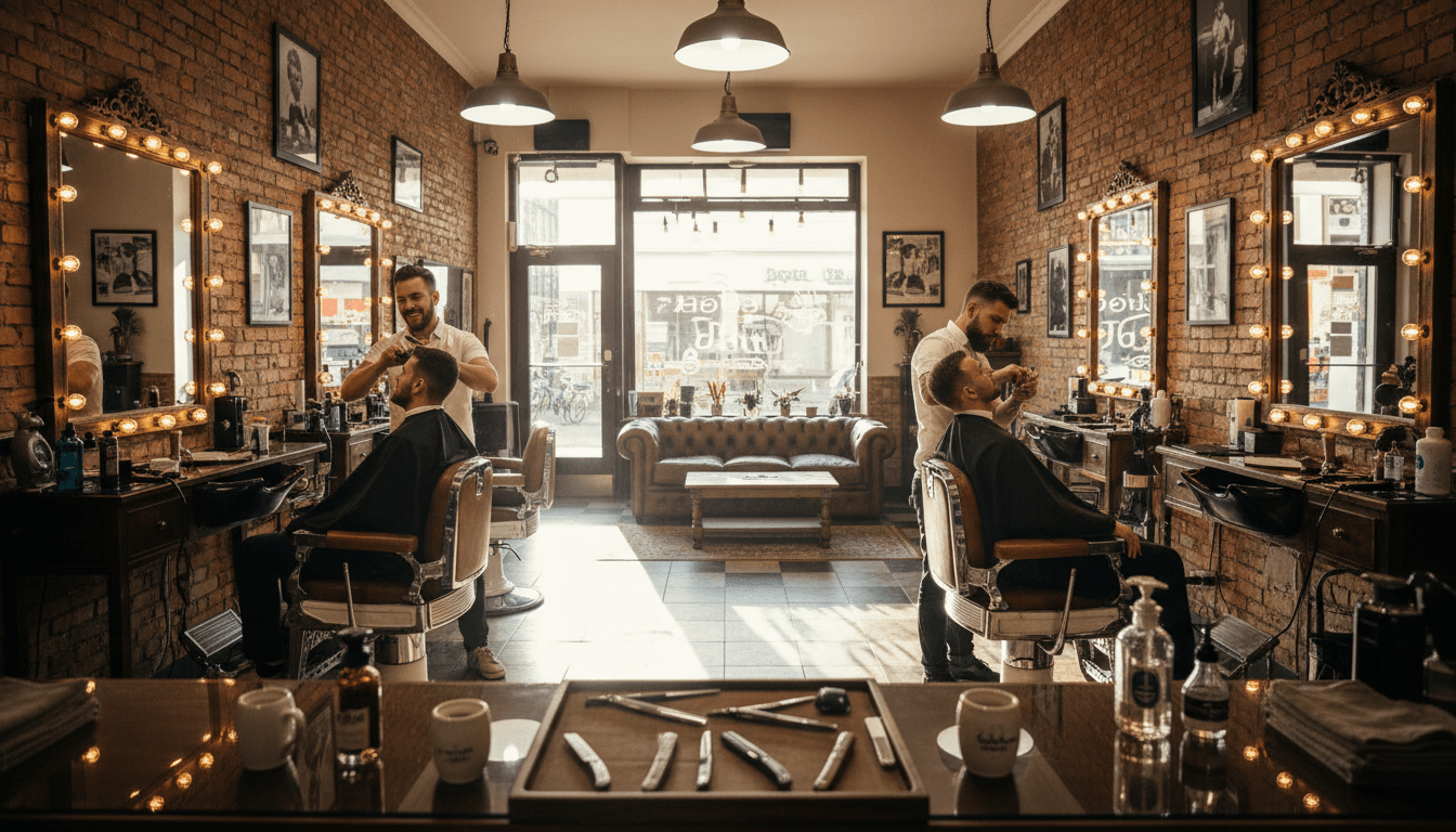 Traditional barbershop interior with multiple barber stations, clients in leather chairs, vintage mirrors, warm lighting creating welcoming community atmosphere