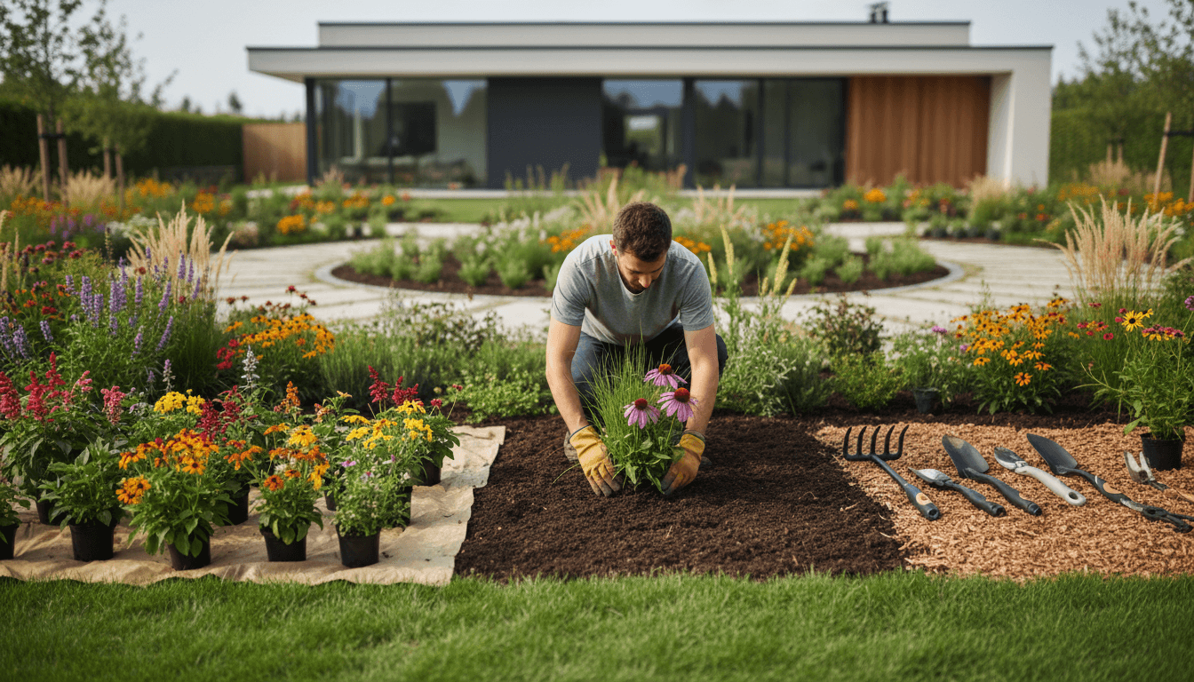Professional landscaper planting colorful flowers and ornamental plants in residential garden bed with organized layout