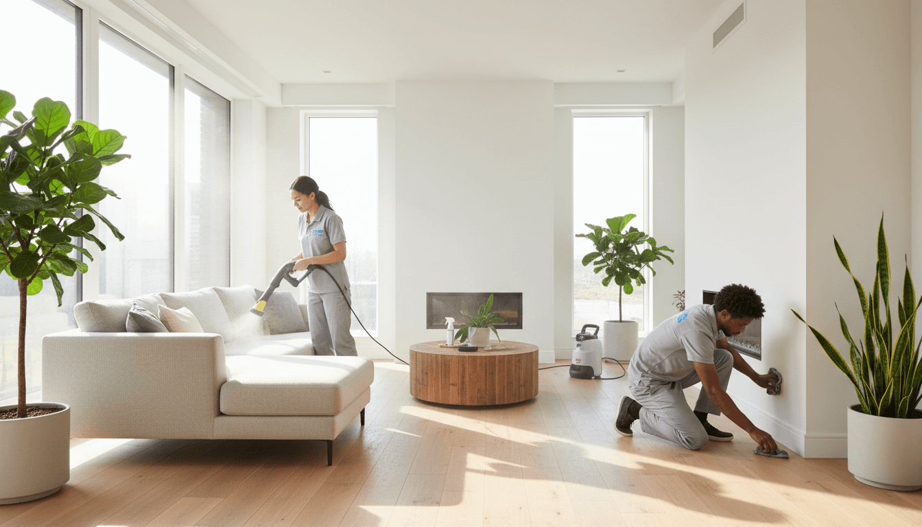 Professional cleaning team actively working on deep cleaning and upholstery care in bright modern living room.