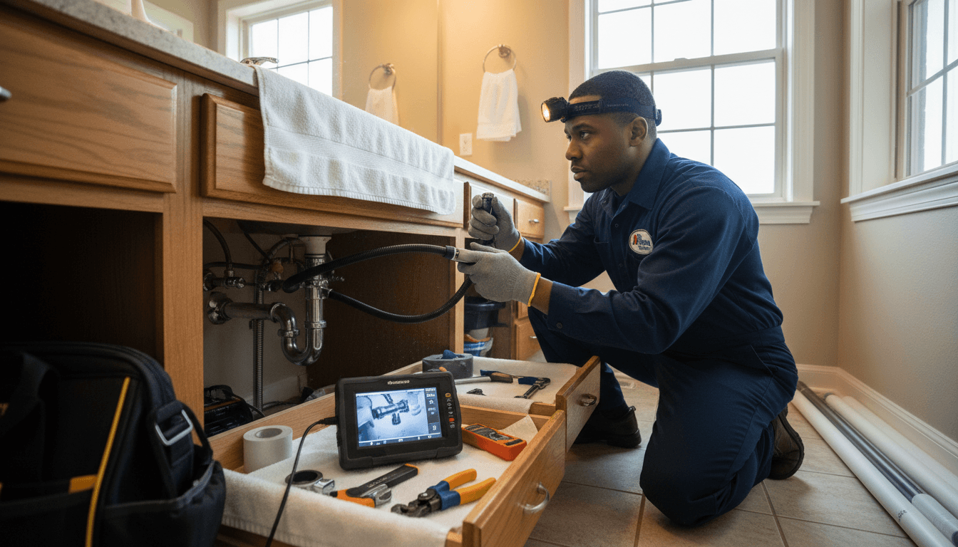 Professional plumber inspecting and repairing pipes under bathroom sink with specialized diagnostic tools