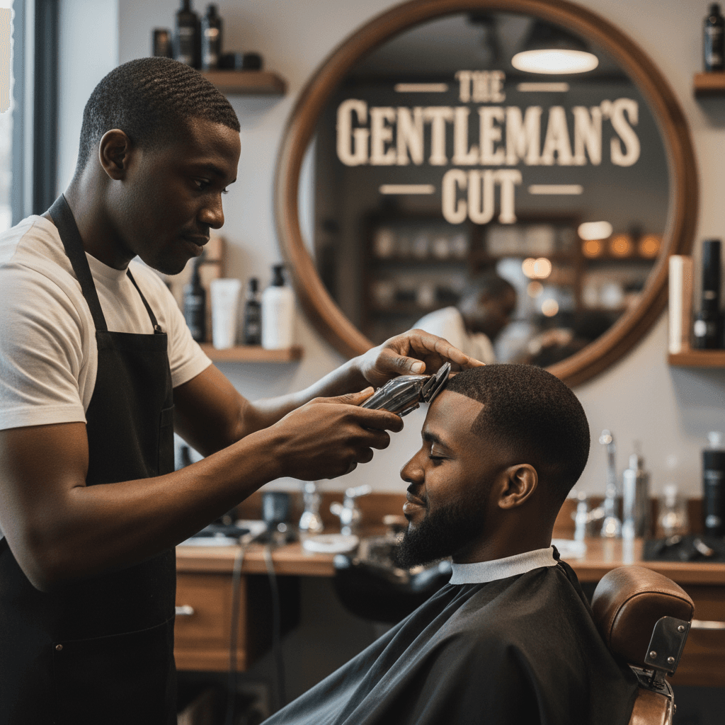 Barber skillfully performing a fade haircut on client's temple with precise clipper technique in natural window light